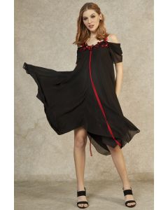Black Hanky Hem Red Flame Tape Dress