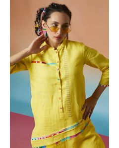Yellow Linen Band Collar Kurta