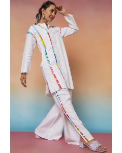 White Linen Placket Kurta & Side Striped With Slit Pants