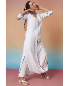 White Linen Cut-Out Cuff Kurta & Straight Pants