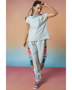Pale Blue Linen Collar Top & Side Flap Joggers