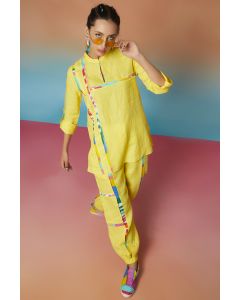 Yellow Linen Band Collar Top & Two Striped Joggers
