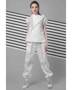 White Monochrome Patchwork Top & Jogger Pant Set