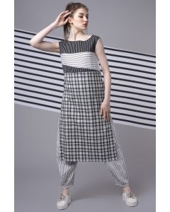 White Checkered & Striped Patchwork Tunic Set