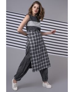 Black Checkered & Striped Patchwork Tunic Set