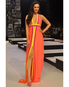 Orange Color-Blocked Halter Gown