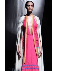 Fuchsia Raw Silk Halter Short Dress With Cape