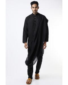 Black Linen Kurta With Drape