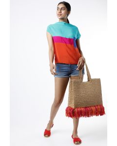 Turquoise & Orange Color Blocked Top