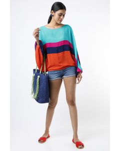 Turquoise & Orange Color Blocked Kaftan Top
