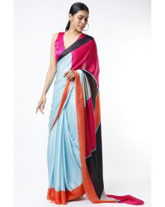 Crystal Blue Colour Blocked Printed Saree