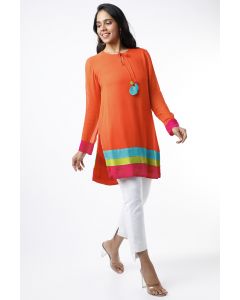 Orange Tunic With Striped Color Blocked Hem
