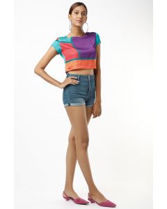 Turquoise & Orange Color Blocked Crop Top