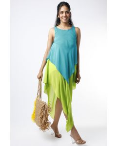 Turquoise & Neon Green Embroidered Layered Dress