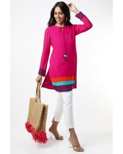 Fuchsia Tunic With Striped Color Blocked Hem