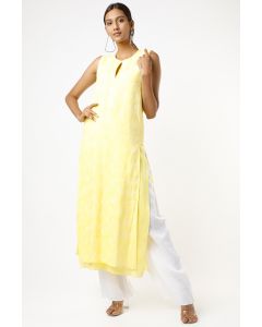 Light Yellow Tonal Print Linen Kurta