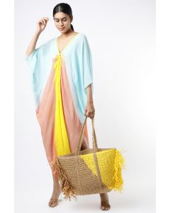 Powder Blue Color Blocked Ruched Kaftan