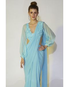 Powder Blue Stitched Skirt Saree Set