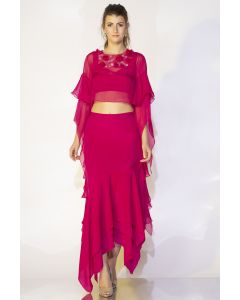 Fuchsia Layered Skirt Set With Cape