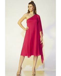 Fuchsia One-Shoulder Flared Dress