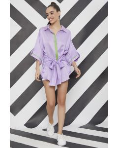 Lavender Satin Linen Top With Belt