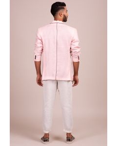 Notched Collar Full Sleeve Single Breasted Button Front Jacket With Black Piping Detail