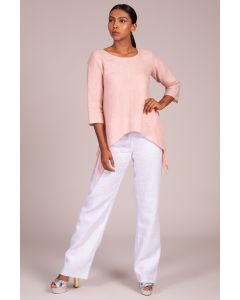 Scoop Neck 3 Quarter Sleeve Curved Hem Top With Embroidery