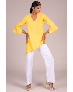 V Neck 3 Quarter Sleeve Assymetric Top With Embroidery