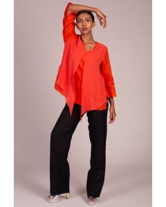 V Neck 3 Quarter Sleeve Embroidered Top With Georgette Over-Layer