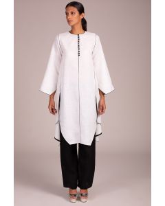 High Round Neck 3 Quarter Sleeve Angular Hem Double Slit Tunic With Bandi Buttons + Black Piping
