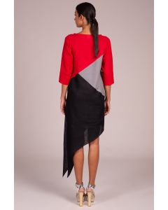 Boat Neck 3 Quarter Sleeve Assymetric Hem Colour Blocked Dress
