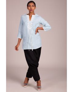 Slot Neck 3 Quarter Sleeve Top With Trellis Patchwork Detail