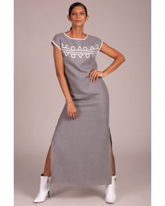 Boat Neck Drop Sleeve Long Dress With Side Slits + Trellis Patchwork Detail