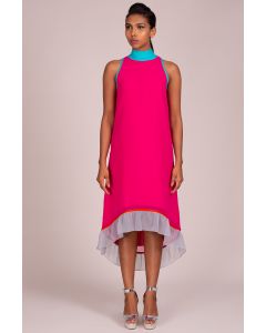Mandarin High Collar Sleeveless Short-To-Long Hem Dress With Ruffle Detailing