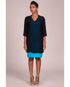 V-Neck 3 Quarter Sleeve Centre Seam Embroidered Colour Blocked Layered Dress.