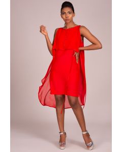 Boat Neck Sleeve Less Short To Long Curved Hem Layered Embroidered Dress