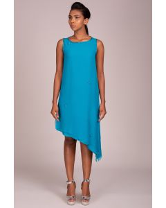 Boat Neck Sleeveless Assymetric Hem Embroidered Dress