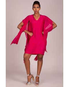 V Neck Panel Draped Sleeve Embroidered Shift Dress.
