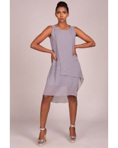 Boat Neck Sleeveless Overlapped Assymetric Hem Embroidered Dress