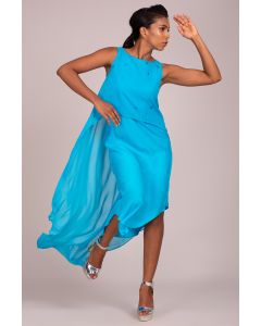 Boat Neck Sleeve Less Short To Long Assymetric Hem Layered Embroidered Dress