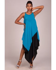 Boat Neck Sleeveless Bias Cut Assymetric Hem Colour Blocked Embroidered Dress