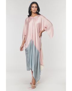 Champagne & Grey Colorblock Fringed Neckline Asymmetrical Dress