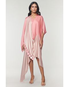 Salmon Pink & Blush Scalloped Detailed Draped Sash Dress