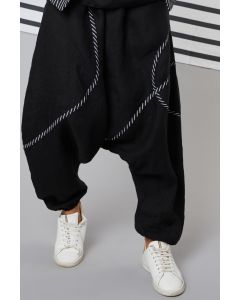 Black Linen Striped Tape Dhoti Pants