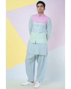 Pale Blue Kurta Set With Bandi Jacket