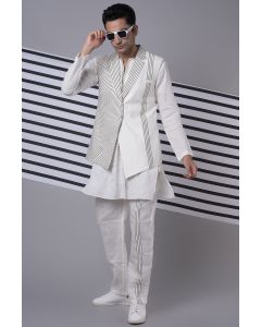 White Kurta Set With Striped Bandi Jacket