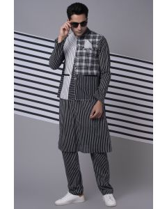 Black Striped Kurta Set With Patchwork Bandi Jacket