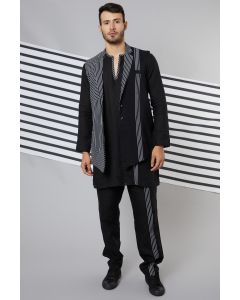 Black Tape Detailed Kurta Set With Bundi Jacket
