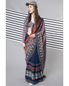 Blue Handloom Cotton Checks Patchwork Saree & Blouse
