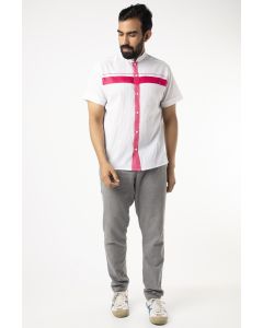 Mundu Cotton White Shirt With Fuchsia Stripes